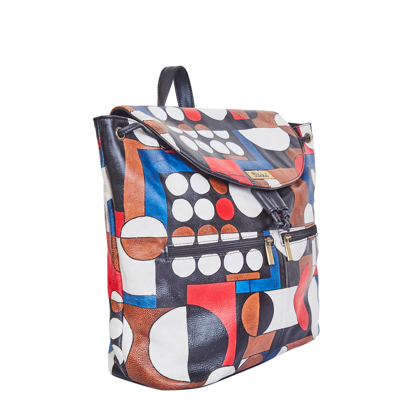 Vibrant Polka Dot Leather Backpack with Drawstring and Flap Closing